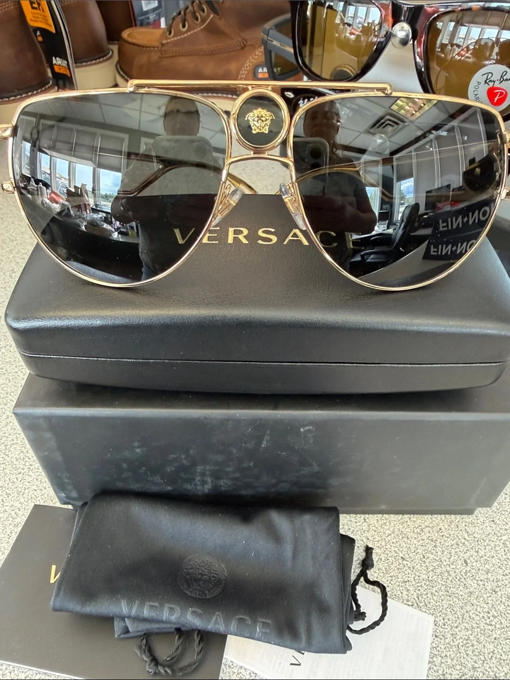 Versace Gold Frame Black Lens Aviator Sunglasses with Medusa Crest